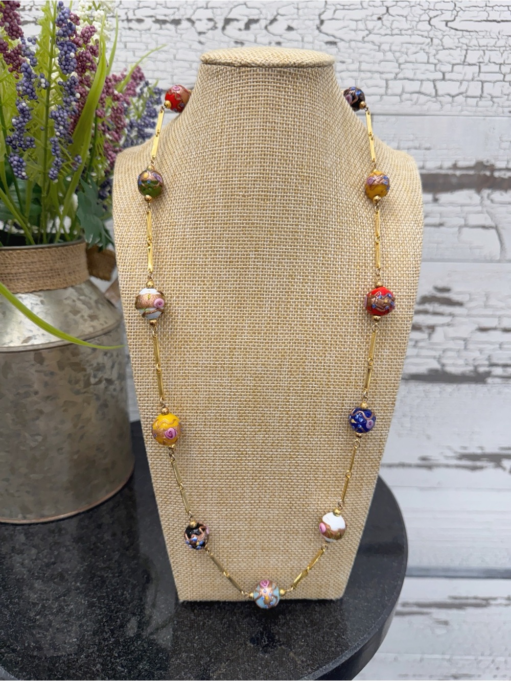 Vintage Venetian Glass Birthday Cake Beaded Floral Station Necklace